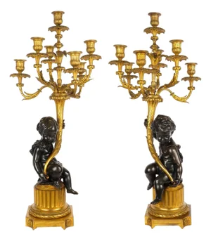 Pair of French Bronze Seven-Light Candelabra Lamps Ca. 1880
