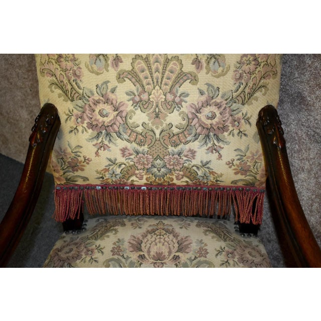 Antique Carved Oak Armchair 1920s Tudor Style High Back Fringe Stretcher Base For Sale - Image 9 of 13