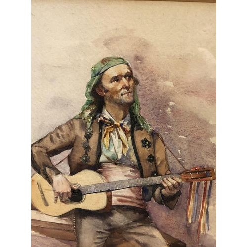 Spanish Guitarist, Watercolor, Framed For Sale - Image 3 of 6