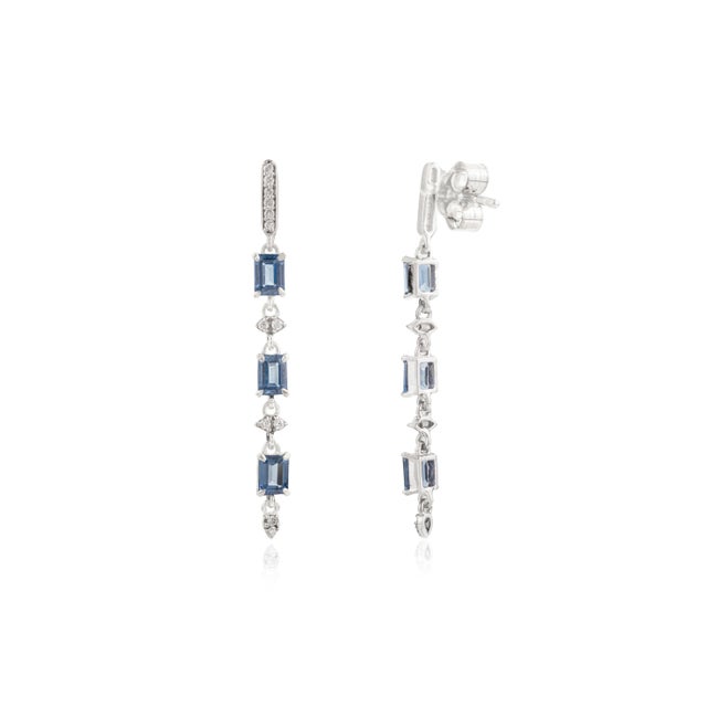 14k White Gold Dangle Earrings of Blue Sapphire & Natural Diamonds- 2 Pieces For Sale In New York - Image 6 of 12