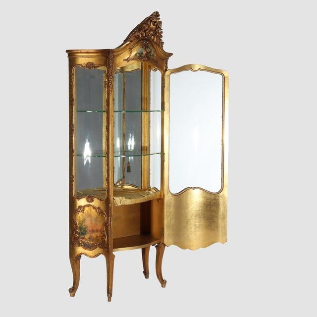 Carved Giltwood Bombay Serpentine Vitrine With Verdis Martin Panels C1890 For Sale - Image 11 of 17