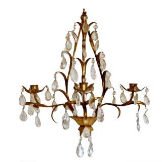 Italian Tole Gold Triple Arm Candle Wall Sconce With Crystals For Sale