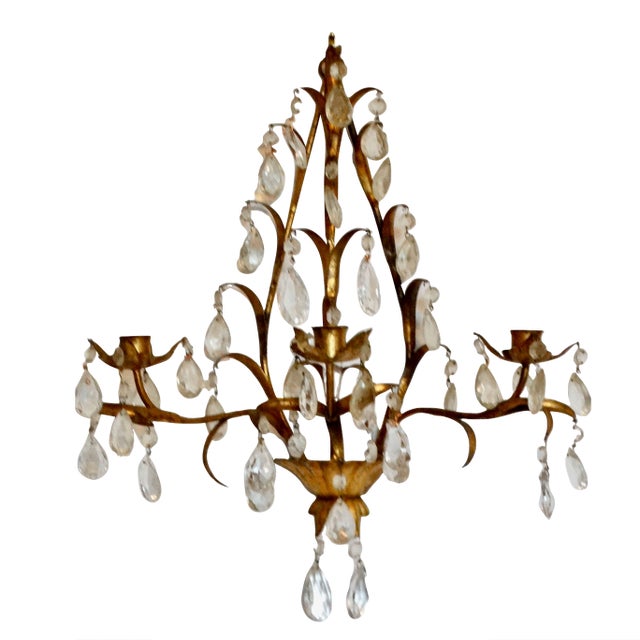 Italian Tole Gold Triple Arm Candle Wall Sconce With Crystals For Sale