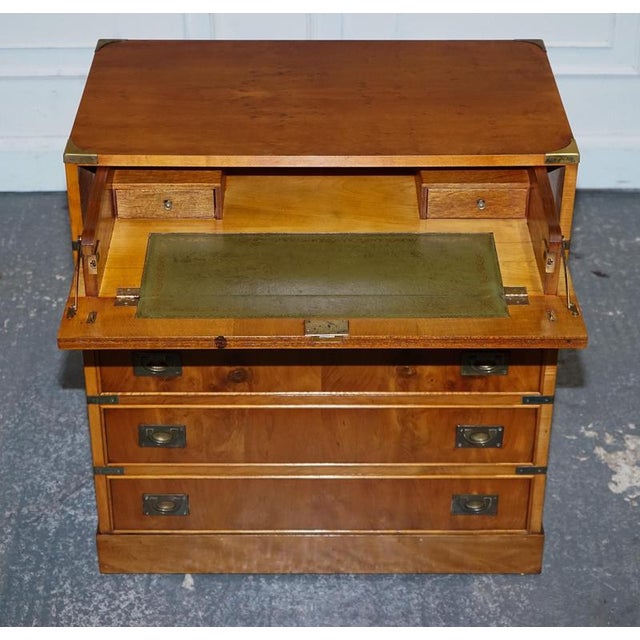 Vintage Military Campaign Yew Wood Secretaire with Brass Handles For Sale - Image 3 of 16