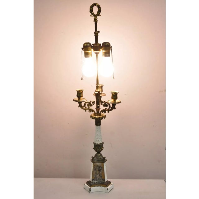 Vintage French Empire Style Candlestick Candelabra Brass Table Lamps - a Pair. Item features 3 candleholders each, figural...