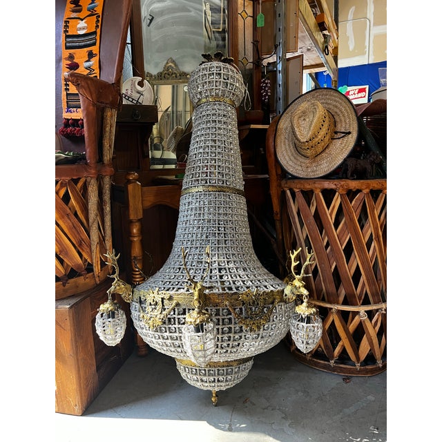Gold Vintage Extra Large Gold and Crystal Deer Head 18-Light Chandelier For Sale - Image 8 of 12