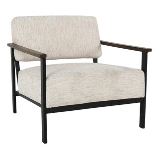 Iron Frame Oak & Linen Arm Chair For Sale