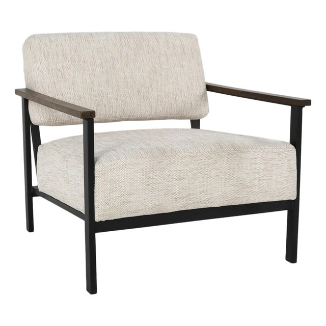 Iron Frame Oak & Linen Arm Chair For Sale