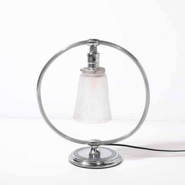 Art Deco 1930s Art Deco Chrome & Frosted Cubist Shade Open Form Table Lamp Signed Muller Freres For Sale - Image 3 of 15