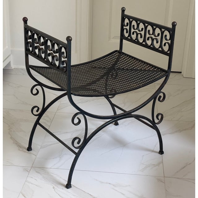 Mid-Century Modern Vintage Spanish Revival Arthur Umanoff Granada Style Iron Garden Stool / Iron Vanity Seat For Sale - Image 3 of 12