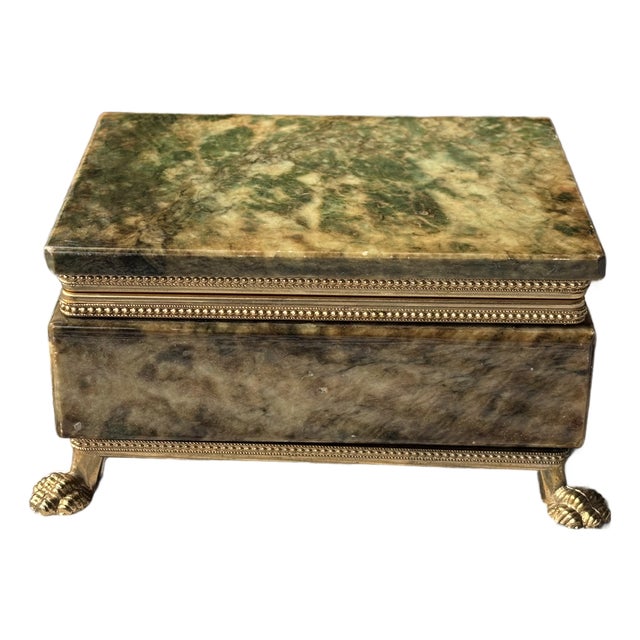 Mid-Century Italian Grand Tour Green Alabaster Box With Brass Paw Feet For Sale