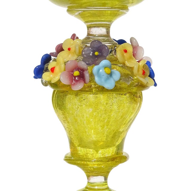 Victorian Antique Venetian Murano Yellow Spots Basket of Flower Gold Fleck Italian Footed Drinking Glass Chalice For Sale - Image 3 of 7
