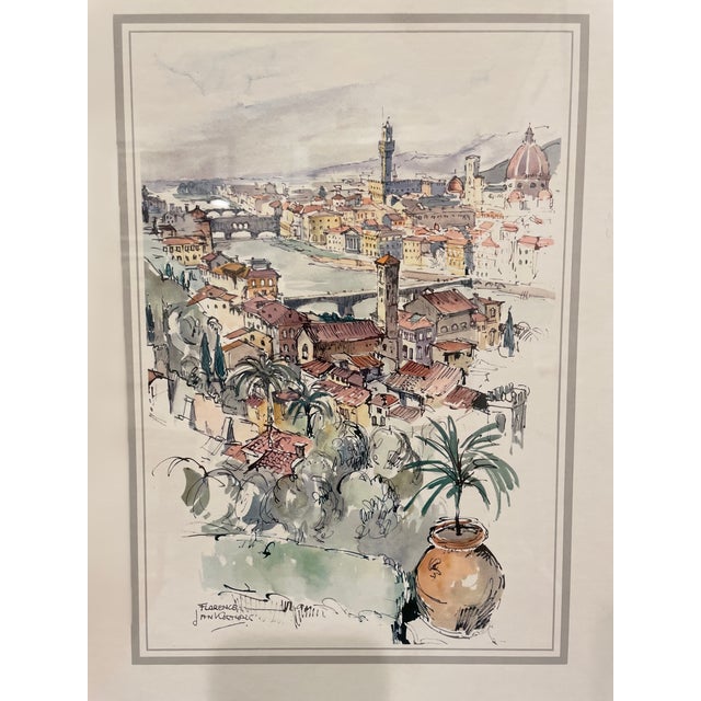 Impressionist 2 Vintage Watercolor Prints of Florence in Custom Frames For Sale - Image 3 of 10