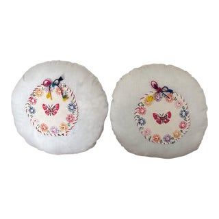Red Butterfly Embroidery Round Pillows 9 Inch Pack of 2 For Sale