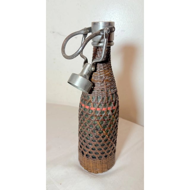 Wood Rare Antique 19th Century French Woven Wicker Metal Glass Seltzer Bottle For Sale - Image 7 of 13