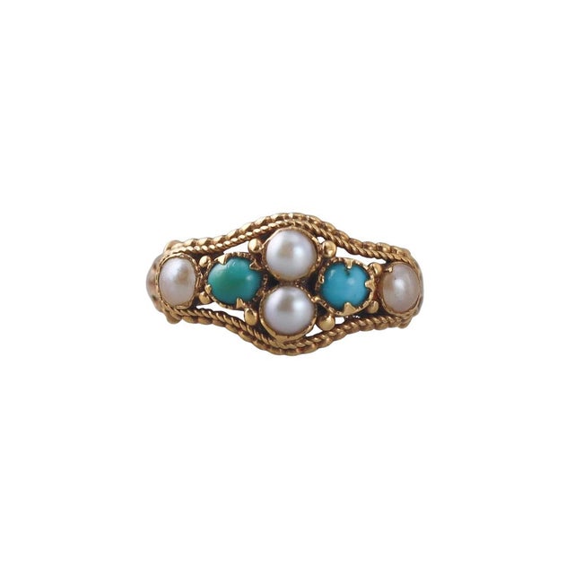 Antique 18k Gold Pearl and Turquoise Ring For Sale - Image 9 of 11