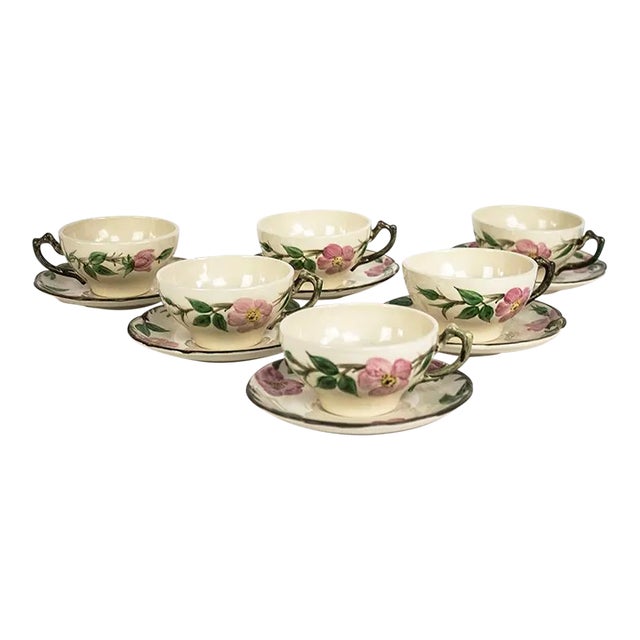 1960s Mid Century Modern Franciscan Desert Rose China - Set 6 Cups & Saucers - 12pcs For Sale