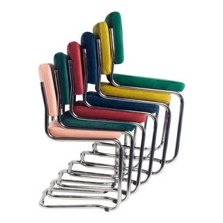 New Set of Six Stackable Dining Chairs in Sweet Pink Velvet & Chrome Steel For Sale