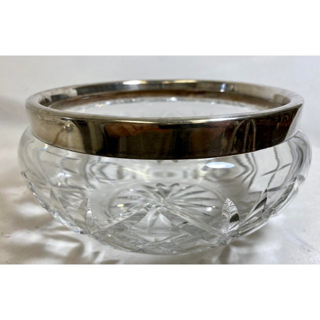 English Vintage Cut Glass Salad Bowl With Silver Plate Rim and Silver Plate Salad Servers From England For Sale - Image 3 of 12