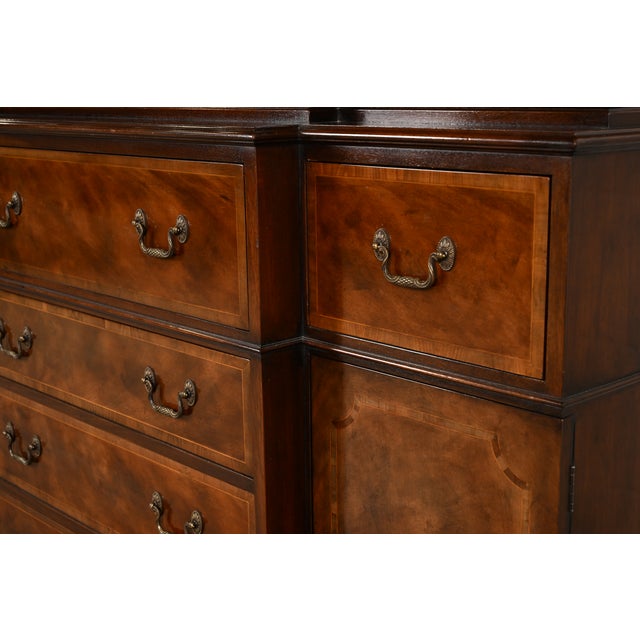 Baker Furniture Georgian Flame Mahogany Lighted Breakfront Bookcase Cabinet With Drop Front Secretary Desk, Circa 1960s For Sale - Image 12 of 17
