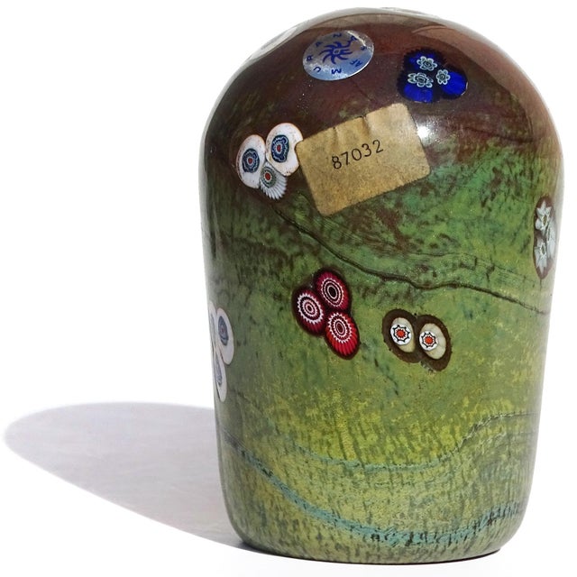 Mid-Century Modern Murano Opal Chalcedony Millefiori Flower Murrines Vintage Italian Art Glass Paperweight With Labels For Sale - Image 3 of 8