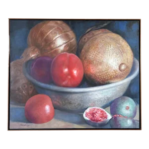 90's Venezuelan Mohamed " Still Life With Metals & Fruits " Oil Painting