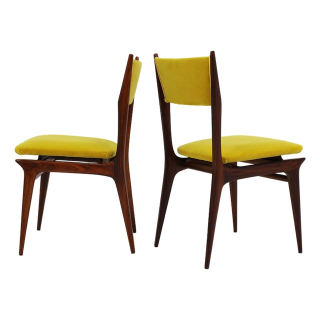Santos Rosewood and Lemon Yellow Velvet Chairs by Carlo De Carli, Italy, 1950s, Set of 2 For Sale