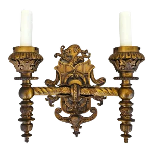 Antique 1800s French Sconce Light Solid Brass Converted Oil Lamp