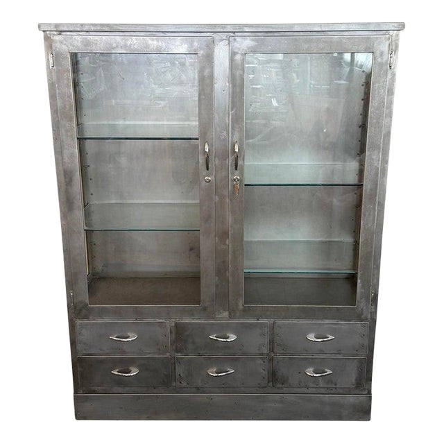 1940s Industrial Brushed Steel Double Wide Medical Apothecary Display Cabinet For Sale