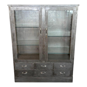 1940s Industrial Brushed Steel Double Wide Medical Apothecary Display Cabinet