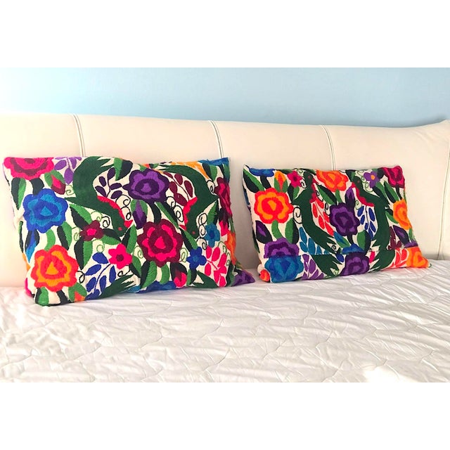 Late 20th Century Vintage Multicolor Embroidered Otomi Tenango Hand-Stitched Pillows, a Pair For Sale - Image 5 of 13