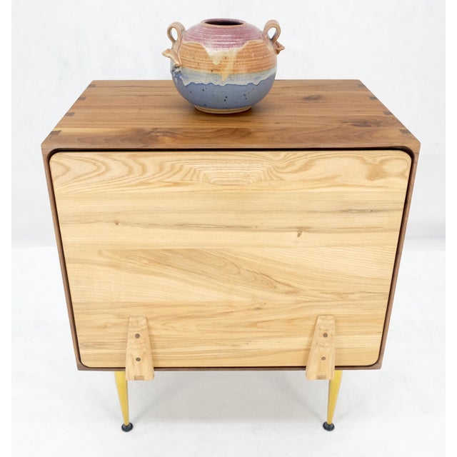 Solid Oak & Walnut Tapered Brass Leg Dovetailed Design Drop Front End Side Table For Sale - Image 6 of 9