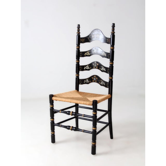 Black Vintage Hitchcock Style Ladder Back Chair With Rush Seat For Sale - Image 8 of 15