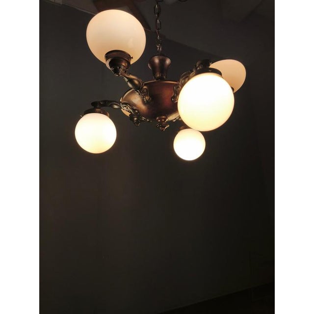 Art Deco Czech Brass Chandelier with Cream Glass, 1920s For Sale - Image 10 of 14