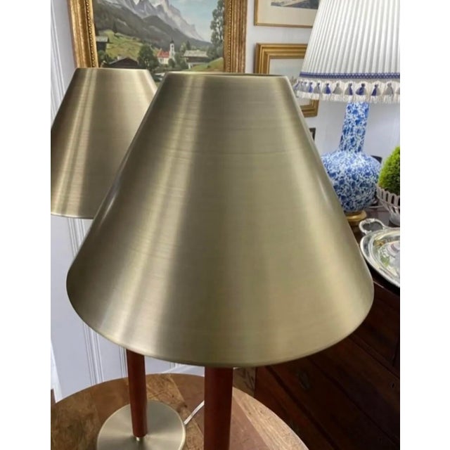 Ralph Lauren Ralph Lauren Brown Leather-Wrapped and Brush Brass/Metal Tall Buffet Lamps, a Pair For Sale - Image 4 of 7