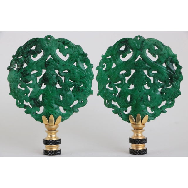 2020s Speckled Jade Green Chinoiserie Lamp Finials - a Pair For Sale - Image 5 of 5