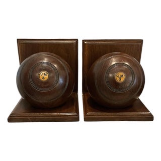 Antique Pair of Custom Wooden Lawn Bowls / Bocce Balls / Bouies : Lawn Bowling Bookends by Thomas Taylor Glasgow, a Psir For Sale