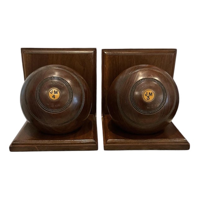 Antique Pair of Custom Wooden Lawn Bowls / Bocce Balls / Bouies : Lawn Bowling Bookends by Thomas Taylor Glasgow, a Psir For Sale