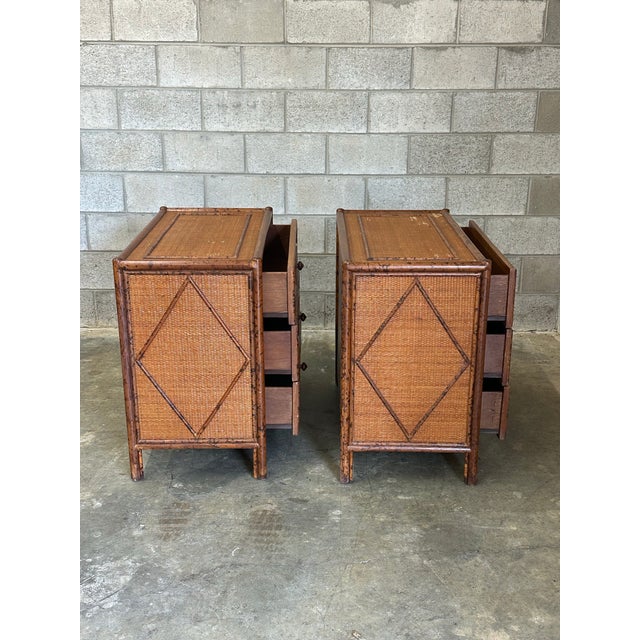 1980s Vintage British Colonial Style Burnt Bamboo and Rattan Chests / Dressers- A Pair For Sale - Image 9 of 12