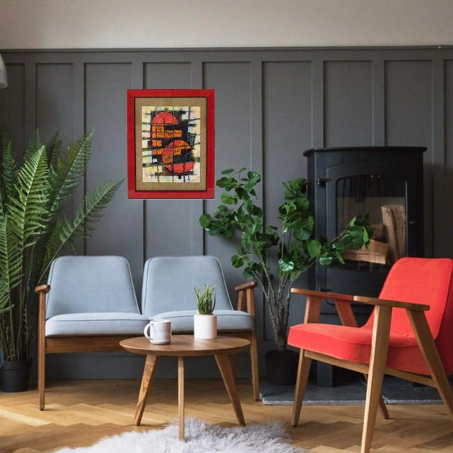 Stunning modernist abstract enamel plaque composition dated circa 1960. Brutalist design with contrasting colors of red,...