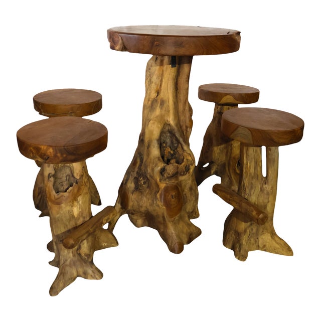 Teakwood Root Bistro Table and Stool Set For Sale