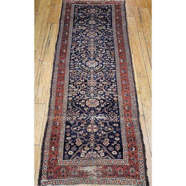 Navy Blue Antique Farahan Sarouk Runner, Hand-Knotted Wool, All-Over Geometric Pattern, Navy & Rust, 4x10 For Sale - Image 8 of 16