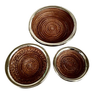 Rattan & Silver Nesting Baskets, S/3 For Sale