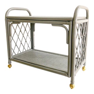 Vintage Gray Painted Rattan Bar Cart With 2 Open Shelves For Sale