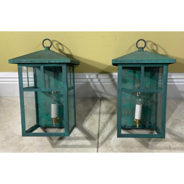 Vintage Pair of Solid Brass Outdoor Wall Lanterns – 13”h X 7”.5w X 7”.5d For Sale - Image 4 of 18