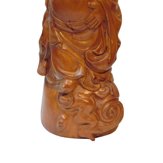 1970s Chinese Hand Carved Standing Happy Buddha Budai Luohan Statue On Cloud Base For Sale - Image 5 of 5