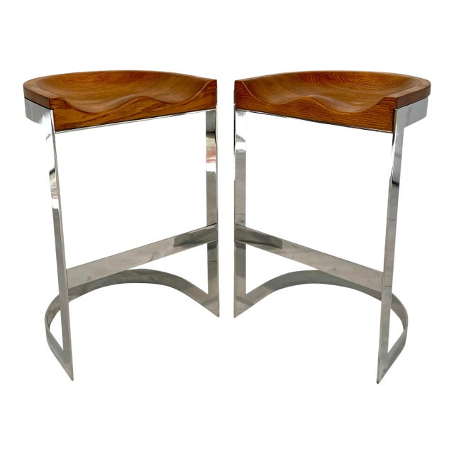 Pair of Oak and Chrome Counter Barstools by Warren Bacon For Sale