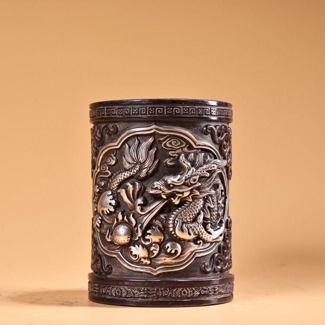 1970s 1970s Carved Dragon Brush Pot, Relief Dragon Pearl Design For Sale - Image 5 of 9