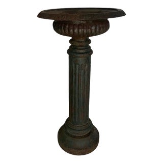 19th Century Cast Iron Urn on Pedestal With Original Green Paint For Sale