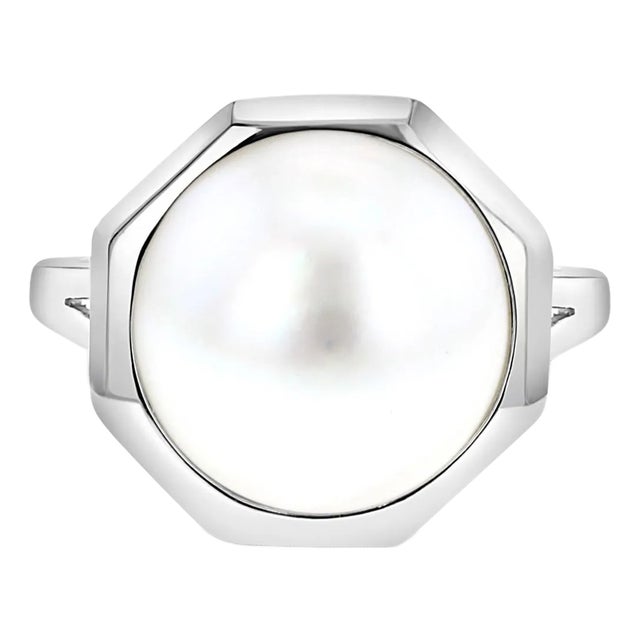 13MM Octagon Shaped Mabe Pearl Ring 14k White Gold, Size 3 For Sale